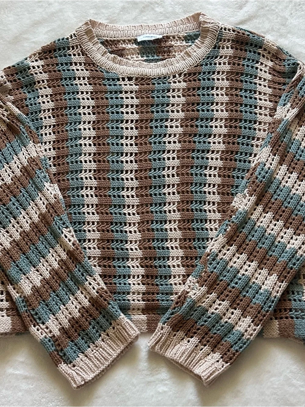 Anniewear Crochet Open Knit Longsleeve Pullover Sweater Earth Tones Cotton Large